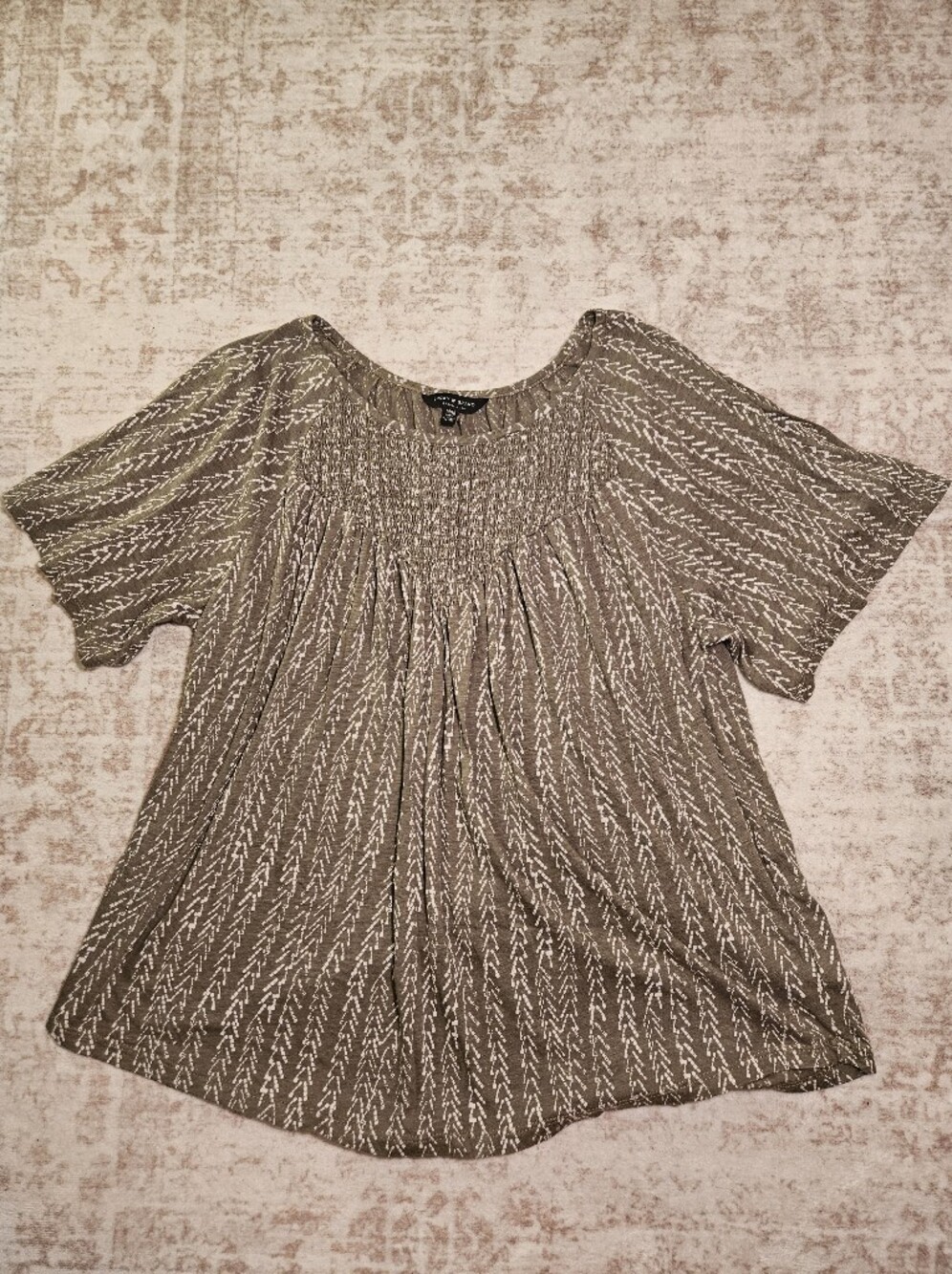 Lucky Brand Olive Patterned Smocked Yoke Blouse